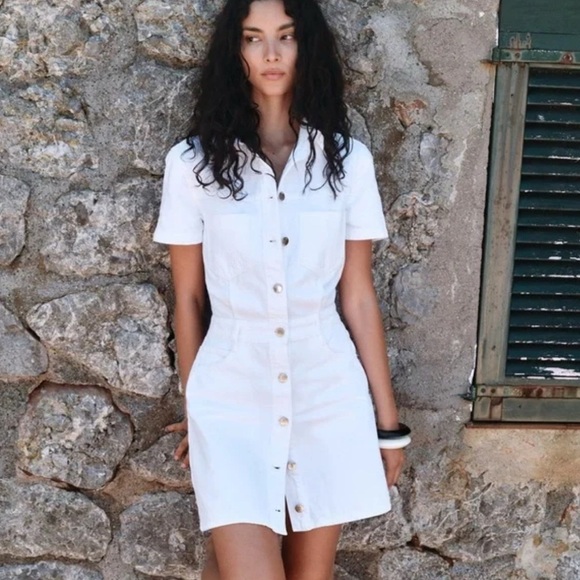 Zara White Denim Button Down Short Sleeve Collar Mini Dress - Picture 1 of 6